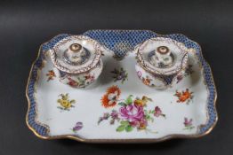 A Dresden porcelain inkwell desk set, with two lidded inkwells on a tray,