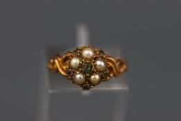 A Victorian 15ct gold, emerald and half-pearl cluster mourning ring,