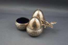 A Victorian silver naturalistic trefoil cruet set in the form of oak leaves and acorns,
