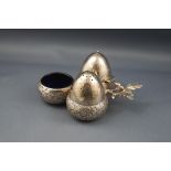 A Victorian silver naturalistic trefoil cruet set in the form of oak leaves and acorns,