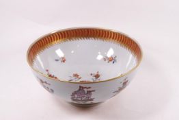 A Samson porcelain bowl with painted ship with the motto 'In Und Meruit Perat',