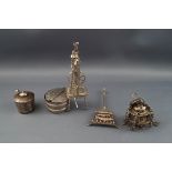 A Group of five Continental miniature toys, comprising; a spinning wheel (lacking two legs),