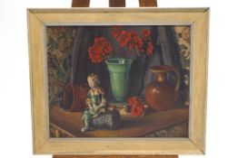 English School, early 20th century, still life of a Chinese figure and vase of flowers,