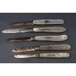 Five early 20th century silver and mother of pearl mounted fruit knives, various dates and makers.