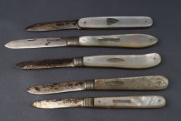 Five early 20th century silver and mother of pearl mounted fruit knives, various dates and makers.