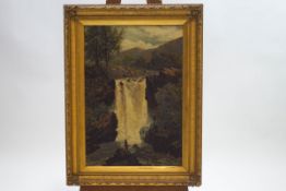 English school, 19th century, Fishing below the waterfall, oil on canvas,