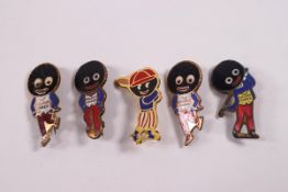Five enamelled Robinson's 'Golly' badges including golfer