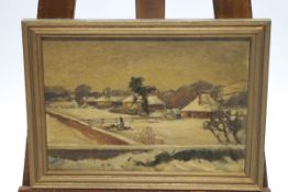 Arderne Clarence, 19th/20th century, Figure feeding chickens within a snowscape, oil on board,