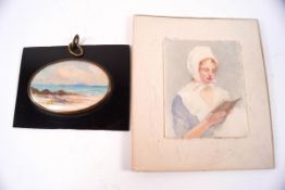A 20th century miniature of a lady reading, watercolour on ivorine, 6.5cm x 5.