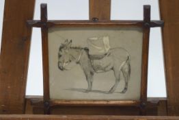 A 19th century lithograph of a donkey in decorative oak frame,