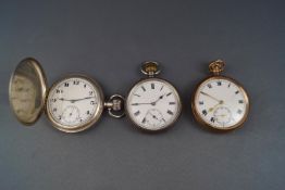 Three pocket watches, comprising; a silver hunter cased keyless pocket watch, circa 1919; a Swiss .