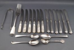 A collection of tea knives and silver flatware,