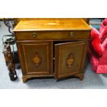 A 19th century mahogany side cabinet with satinwood cross banding and marquetry panels, 89.