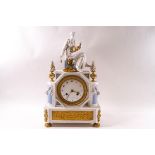 A 19th century French porcelain and ormolu mantel clock, the eight day movement striking on a bell,