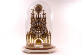 A Cathedral Skeleton clock, twin fusee movement, striking the hours on a bell, with glass dome,