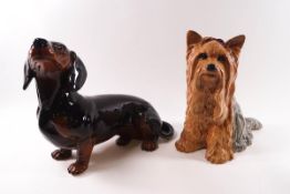 Two Beswick fireside models of a Yorkshire Terrier, printed factory mark, 26cm high,