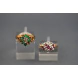 A hallmarked 9ct gold ruby and CZ dress ring together with a hallmarked 9ct gold emerald and