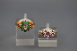 A hallmarked 9ct gold ruby and CZ dress ring together with a hallmarked 9ct gold emerald and