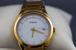 A Gentleman's Pulsar wristwatch with gold coloured bracelet and fold over clasp.