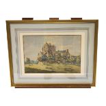 English School, 20th century, Castle in a landscape, pen and watercolour,