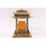 A Pagoda style clock, with gilt and cloisonne decoration, 8 day, 15 jewel movement, with alarm,