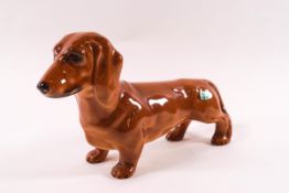 A Beswick model of a Dachshund, circular printed factory mark and paper label, 14cm high,