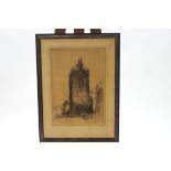 E Shapland (?), 19th century, a city building under construction, etching, signed in pencil, 47.