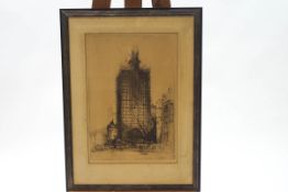 E Shapland (?), 19th century, a city building under construction, etching, signed in pencil, 47.