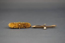 A collection of two 15ct gold brooches : One bar brooch set with a 4.