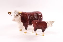 A Beswick Hereford Bull, Champion of Champions, printed marks, and a Beswick Hereford calf,