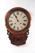 A late Victorian walnut eight day drop dial wall clock with pendulum and key, 60cm high,