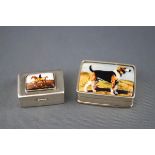 A small silver pill box with simulated enamel plaque depicting an 18th century style horse and
