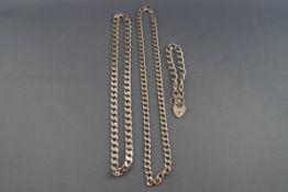 Two solid silver curb neck chains and one silver curb bracelet. Total Gross weight : 125.