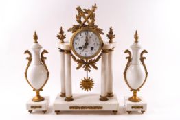 A French white marble and ormolu clock garniture, the eight day clock with painted enamel dial,