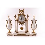 A French white marble and ormolu clock garniture, the eight day clock with painted enamel dial,