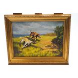 20th century, Greyhounds chasing a hare, oil on canvas,