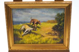 20th century, Greyhounds chasing a hare, oil on canvas,