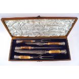 A Victorian five piece antler carving set with silver mounts,