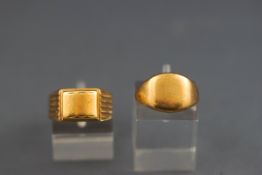 A hallmarked 9ct gold plain cushion signet ring together with a hollow rectangular yellow gold
