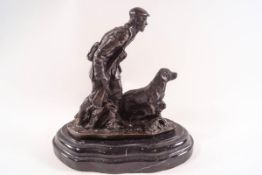After Mene, bronze of a hunter with his dog on slate base, 19.