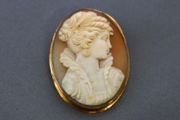 A yellow metal shell cameo brooch/pendant, depicting a classical female figure, Stamped 750.
