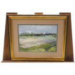 Elizabeth Polunin, Townscape with fields, oil on board, signed lower right and dated 03,