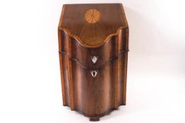 A George III inlaid mahogany knife box with serpentine front, converted to a stationery box,