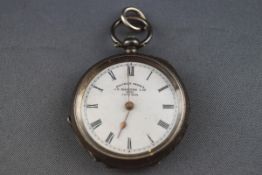 A Swiss silver cased open face fob watch with a key wind cylinder movement,