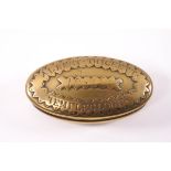 A 19th century brass oval snuff box, the lid inscribed 'Albert Thickett, 1892, Temple Cloud',