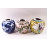 Three Chinese porcelain ginger jars, ones painted with dragons,