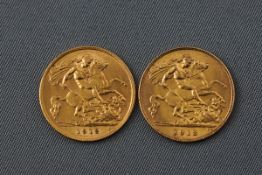 Two half Sovereigns, Dated 1912 & 1913. Gross weight: 7.