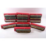 Thirteen Hornby-Dublo coaches and cars, comprising: three Pullman, 4037, 4036, 4035,