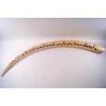 An early 20th century Indian ivory elephant tusk, carved with various animals,