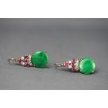 A pair of jadeite, diamond and ruby drop earrings. Hook fitting, tests indicate 18ct gold. 6.